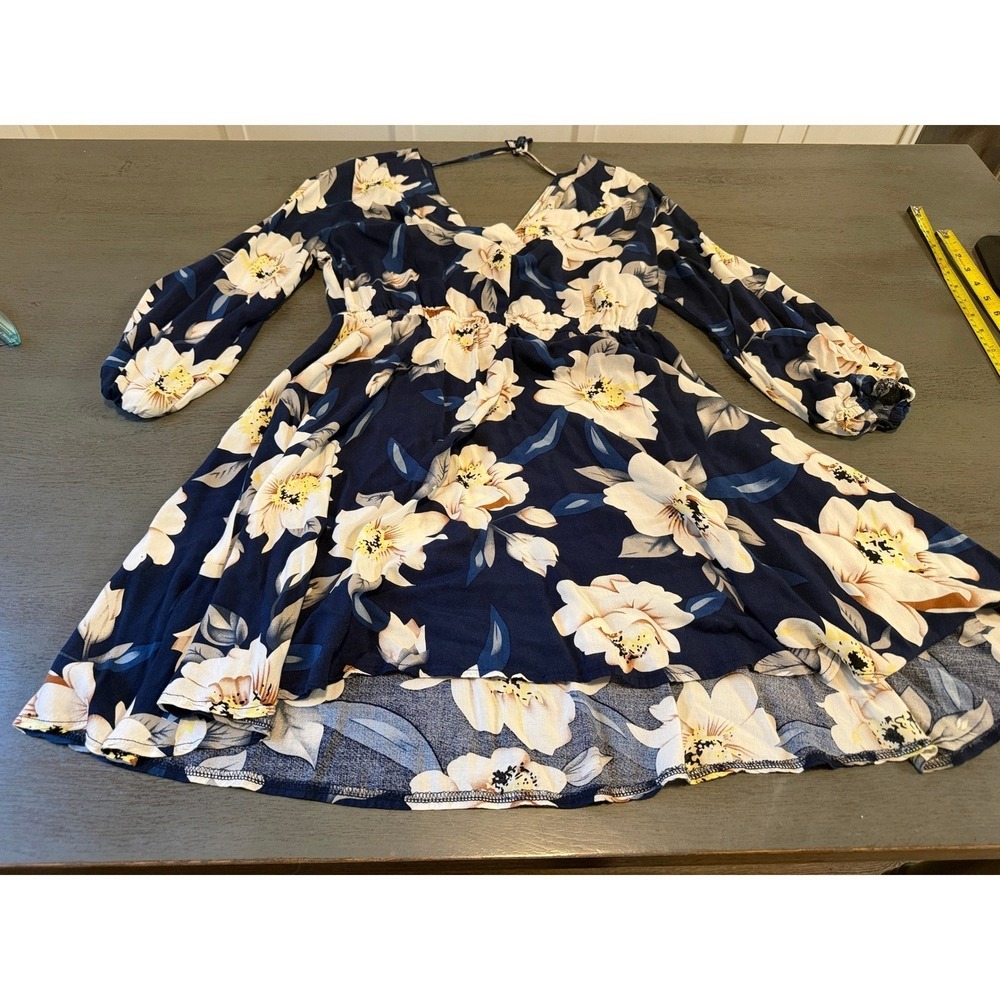 Suvimuga Navy Floral V-Neck Long Sleeve Mini Dress High Low Hem Size Large